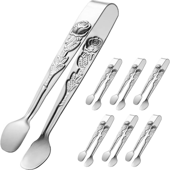 6PCS Mini Serving Tongs 5-Inch Small Sugar Tongs, Tiny Stainless Steel Kitchen Tong for Appetizers, Tea Party, Coffee Bar, Desserts (Silver).