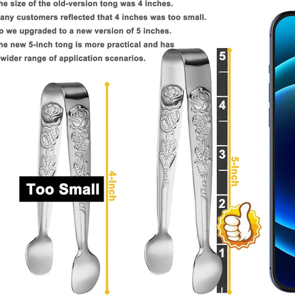 6PCS Mini Serving Tongs 5-Inch Small Sugar Tongs, Tiny Stainless Steel Kitchen Tong for Appetizers, Tea Party, Coffee Bar, Desserts (Silver).