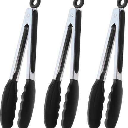 Serving Tongs 9-Inch Cooking Tongs with Silicone Tips, Set of 3 (Black).