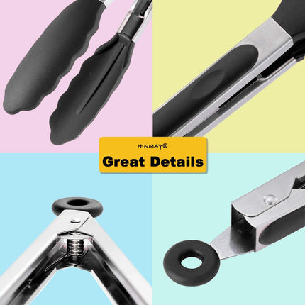 Serving Tongs 9-Inch Cooking Tongs with Silicone Tips, Set of 3 (Black).