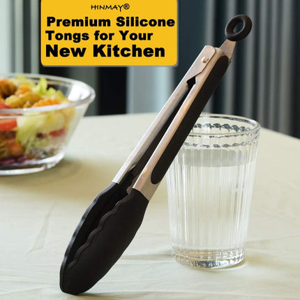 Serving Tongs 9-Inch Cooking Tongs with Silicone Tips, Set of 3 (Black).