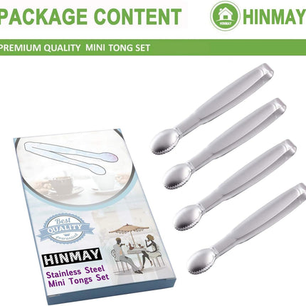 5" Mini Serving Tongs Set, Tiny Stainless Steel Small Tongs for Appetizers, Tea Party, Coffee Bar, Desserts, Set of 4.