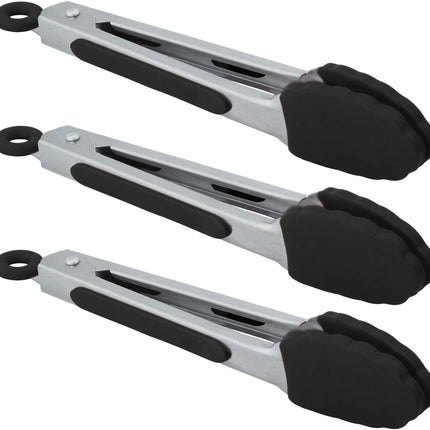 Small Serving Tongs with Silicone Tips 7 Inch Mini Stainless Steel Food Tongs, Set of 3 (Black).