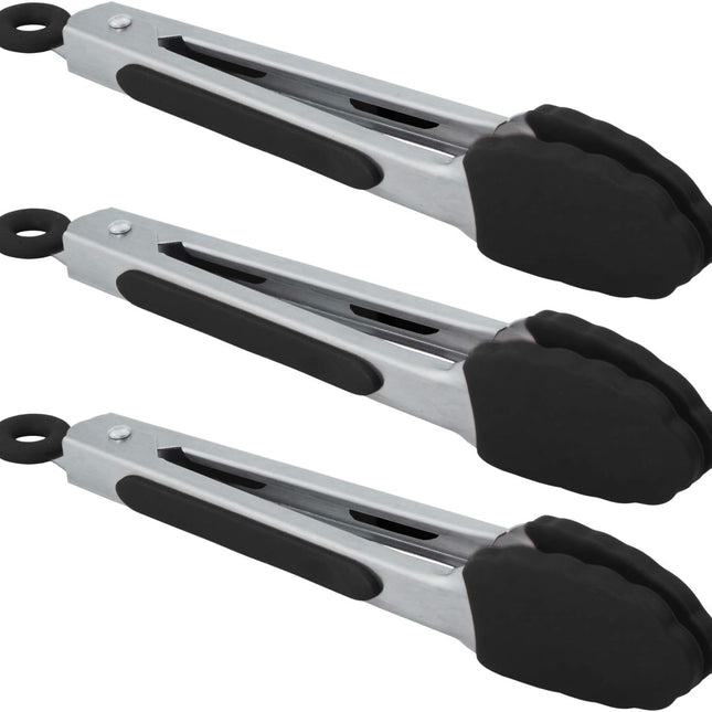 Small Serving Tongs with Silicone Tips 7 Inch Mini Stainless Steel Food Tongs, Set of 3 (Black).