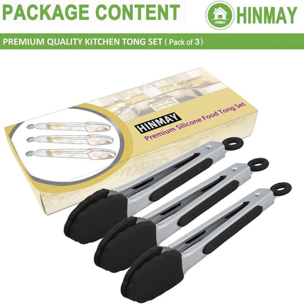 Small Serving Tongs with Silicone Tips 7 Inch Mini Stainless Steel Food Tongs, Set of 3 (Black).