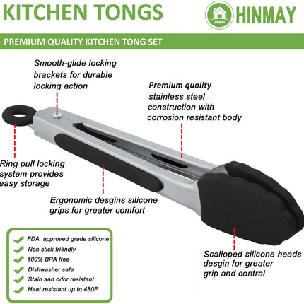 Small Serving Tongs with Silicone Tips 7 Inch Mini Stainless Steel Food Tongs, Set of 3 (Black).
