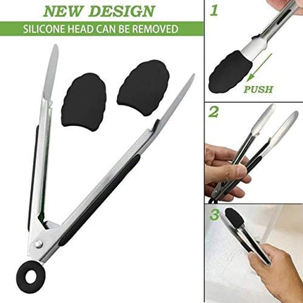 Small Serving Tongs with Silicone Tips 7 Inch Mini Stainless Steel Food Tongs, Set of 3 (Black).