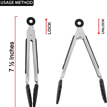 Small Serving Tongs with Silicone Tips 7 Inch Mini Stainless Steel Food Tongs, Set of 3 (Black).