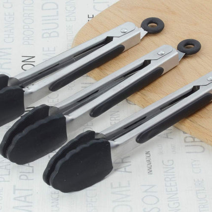 Small Serving Tongs with Silicone Tips 7 Inch Mini Stainless Steel Food Tongs, Set of 3 (Black).