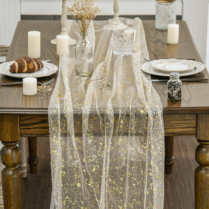 Beige Gold Gauze Table Runner 120 Inch 10FT, Glitter llic Foil Sheer Dining Wedding Anniversary Holiday Birthday Table Decor for Home Party.