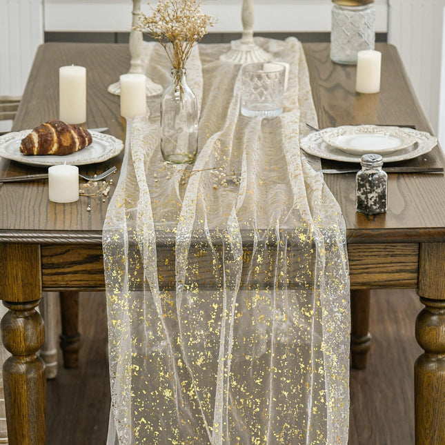 Beige Gold Gauze Table Runner 120 Inch 10FT, Glitter llic Foil Sheer Dining Wedding Anniversary Holiday Birthday Table Decor for Home Party.