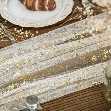 Beige Gold Gauze Table Runner 120 Inch 10FT, Glitter llic Foil Sheer Dining Wedding Anniversary Holiday Birthday Table Decor for Home Party.