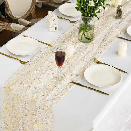 Beige Gold Gauze Table Runner 120 Inch 10FT, Glitter llic Foil Sheer Dining Wedding Anniversary Holiday Birthday Table Decor for Home Party.