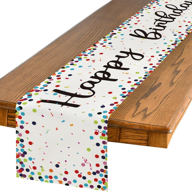 Polka Dot Beige Happy Birthday Table Runner, Seasonal Kitchen Dining Table Decoration for Home Party Decor 13x72 Inch.