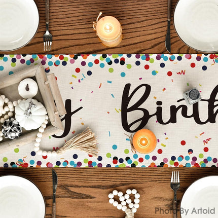 Polka Dot Beige Happy Birthday Table Runner, Seasonal Kitchen Dining Table Decoration for Home Party Decor 13x72 Inch.