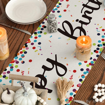 Polka Dot Beige Happy Birthday Table Runner, Seasonal Kitchen Dining Table Decoration for Home Party Decor 13x72 Inch.
