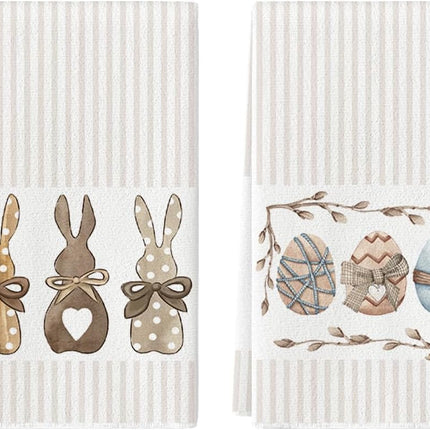 Stripe Rabbit Bunny Eggs Easter Kitchen Towels Dish Towels, 18x26 Inch Spring Decoration Hand Towels Set of 2.