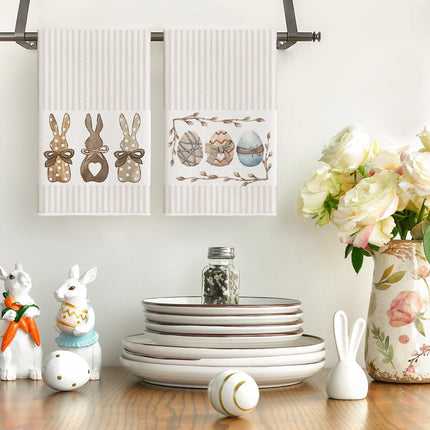 Stripe Rabbit Bunny Eggs Easter Kitchen Towels Dish Towels, 18x26 Inch Spring Decoration Hand Towels Set of 2.