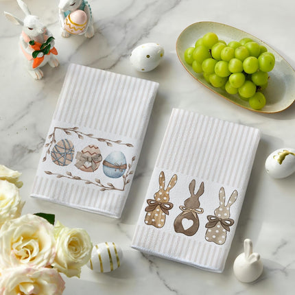 Stripe Rabbit Bunny Eggs Easter Kitchen Towels Dish Towels, 18x26 Inch Spring Decoration Hand Towels Set of 2.
