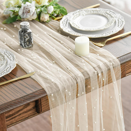 Pearl Beige Gauze Table Runner 120 Inch 10FT, Seasonal Sheer Dining Holiday Wedding Birthday Baby Shower Table Decor for Home Party.