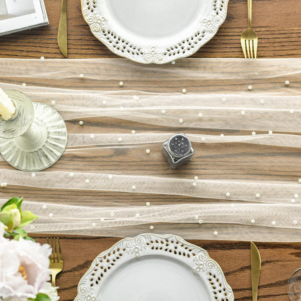 Pearl Beige Gauze Table Runner 120 Inch 10FT, Seasonal Sheer Dining Holiday Wedding Birthday Baby Shower Table Decor for Home Party.