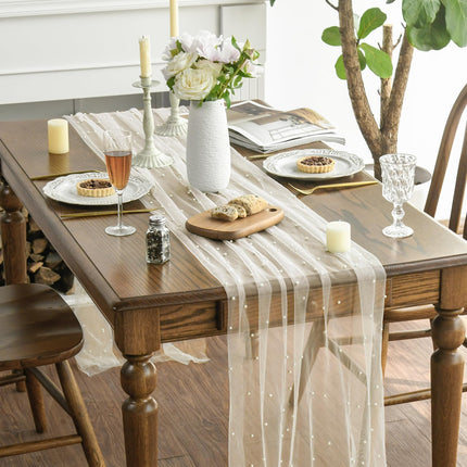 Pearl Beige Gauze Table Runner 120 Inch 10FT, Seasonal Sheer Dining Holiday Wedding Birthday Baby Shower Table Decor for Home Party.