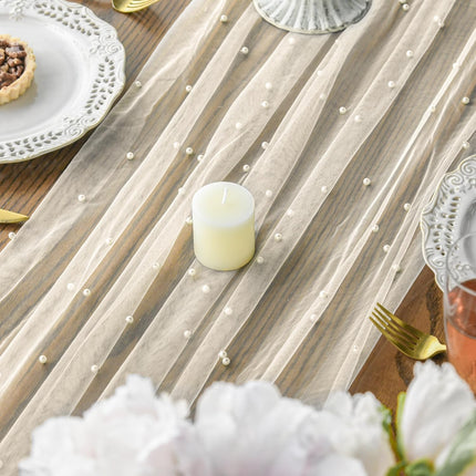 Pearl Beige Gauze Table Runner 120 Inch 10FT, Seasonal Sheer Dining Holiday Wedding Birthday Baby Shower Table Decor for Home Party.