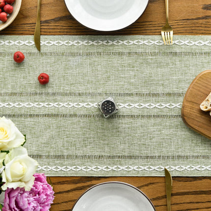 Sage Green Rustic Cotton Linen Table Runner, Seasonal Embroidered Hollow Kitchen Dining Table Decoration for Home Party Decor 13x72 Inch.