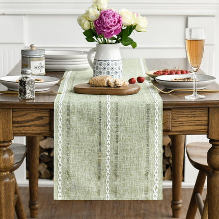 Sage Green Rustic Cotton Linen Table Runner, Seasonal Embroidered Hollow Kitchen Dining Table Decoration for Home Party Decor 13x72 Inch.