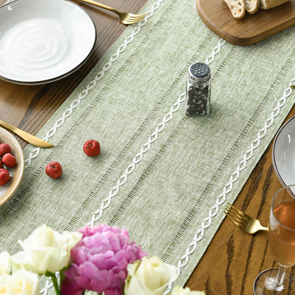 Sage Green Rustic Cotton Linen Table Runner, Seasonal Embroidered Hollow Kitchen Dining Table Decoration for Home Party Decor 13x72 Inch.
