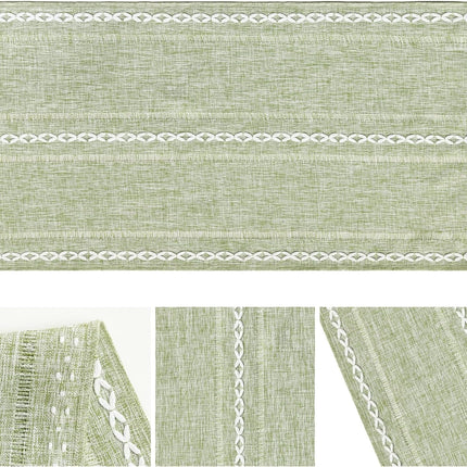 Sage Green Rustic Cotton Linen Table Runner, Seasonal Embroidered Hollow Kitchen Dining Table Decoration for Home Party Decor 13x72 Inch.