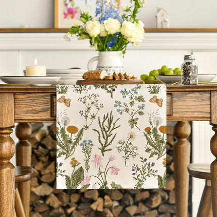 Wildflowers Floral Spring Table Runner, Seasonal Summer Butterfly Kitchen Dining Table Decoration for Home Party 13x72 Inch.
