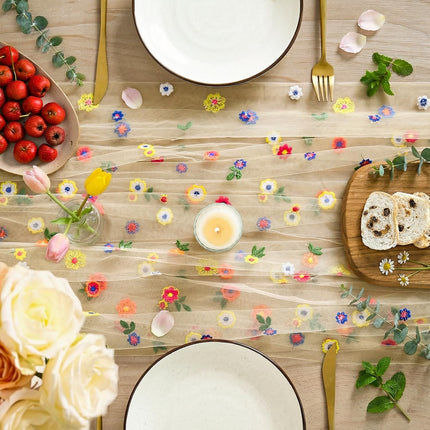 Champagne Embroidery Daisy Gauze Table Runner 120 Inch 10FT, Seasonal Sheer Kitchen Dining Holiday Wedding Birthday Table Decor for Home Party.
