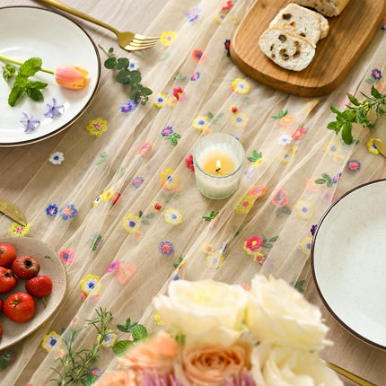Champagne Embroidery Daisy Gauze Table Runner 120 Inch 10FT, Seasonal Sheer Kitchen Dining Holiday Wedding Birthday Table Decor for Home Party.