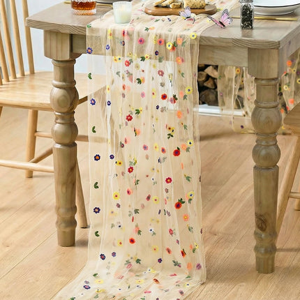 Champagne Embroidery Daisy Gauze Table Runner 120 Inch 10FT, Seasonal Sheer Kitchen Dining Holiday Wedding Birthday Table Decor for Home Party.