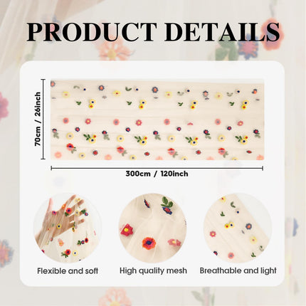 Champagne Embroidery Daisy Gauze Table Runner 120 Inch 10FT, Seasonal Sheer Kitchen Dining Holiday Wedding Birthday Table Decor for Home Party.