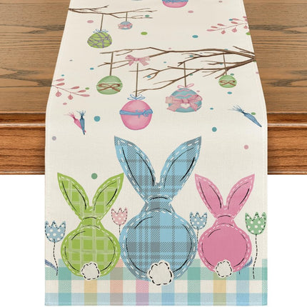 Buffalo Plaid Bunny Egg Carrot Easter Table Runner, Seasonal Spring Kitchen Dining Table Decoration for Home Party Decor 13x72 Inch.