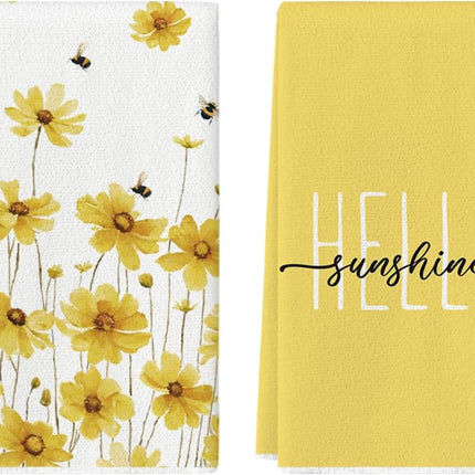 Yellow Flowers Bee Hello Sunshine Spring Kitchen Towels Dish Towels, 18x26 Inch Summer Holiday Decoration Hand Towels Set of 2.