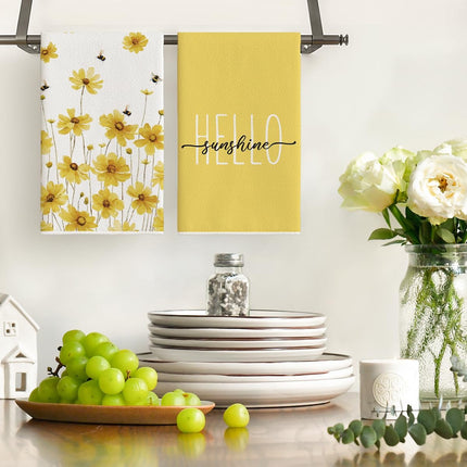 Yellow Flowers Bee Hello Sunshine Spring Kitchen Towels Dish Towels, 18x26 Inch Summer Holiday Decoration Hand Towels Set of 2.