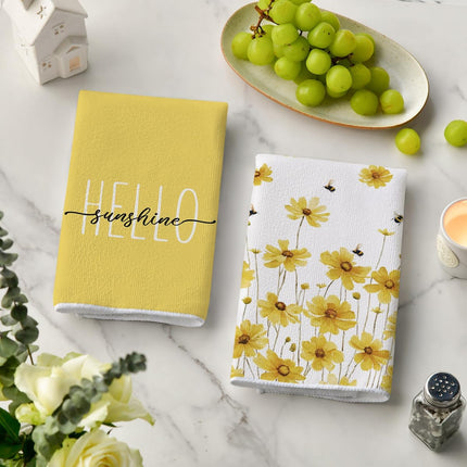 Yellow Flowers Bee Hello Sunshine Spring Kitchen Towels Dish Towels, 18x26 Inch Summer Holiday Decoration Hand Towels Set of 2.
