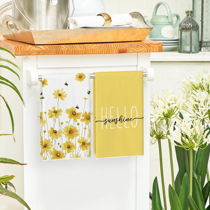 Yellow Flowers Bee Hello Sunshine Spring Kitchen Towels Dish Towels, 18x26 Inch Summer Holiday Decoration Hand Towels Set of 2.