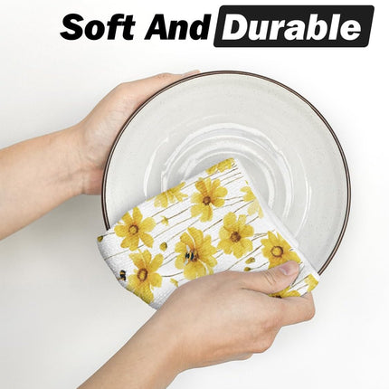Yellow Flowers Bee Hello Sunshine Spring Kitchen Towels Dish Towels, 18x26 Inch Summer Holiday Decoration Hand Towels Set of 2.