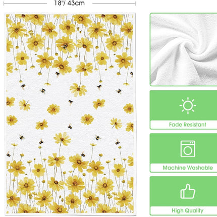 Yellow Flowers Bee Hello Sunshine Spring Kitchen Towels Dish Towels, 18x26 Inch Summer Holiday Decoration Hand Towels Set of 2.