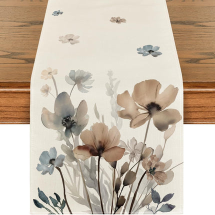 Brown Poppy Floral Leaves Spring Table Runner, Seasonal Summer Kitchen Dining Table Decoration for Home Party Decor 13x72 Inch.
