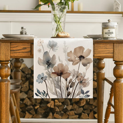 Brown Poppy Floral Leaves Spring Table Runner, Seasonal Summer Kitchen Dining Table Decoration for Home Party Decor 13x72 Inch.
