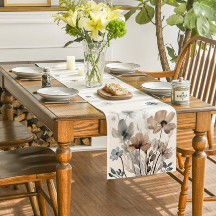 Brown Poppy Floral Leaves Spring Table Runner, Seasonal Summer Kitchen Dining Table Decoration for Home Party Decor 13x72 Inch.