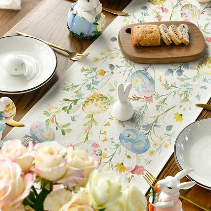 Wild Flowers Eggs Easter Table Runner,Seasonal Spring Floral Kitchen Dining Table Decoration for Home Party Decor 13x72 Inch.