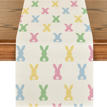 Green Pink Bunny Rabbit Easter Table Runner, Spring Kitchen Dining Table Decoration for Home Party Decor 13x72 Inch.