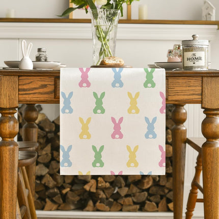 Green Pink Bunny Rabbit Easter Table Runner, Spring Kitchen Dining Table Decoration for Home Party Decor 13x72 Inch.
