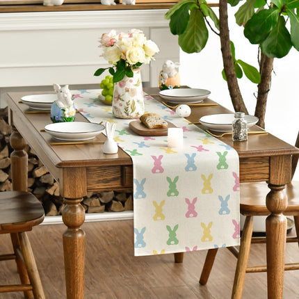 Green Pink Bunny Rabbit Easter Table Runner, Spring Kitchen Dining Table Decoration for Home Party Decor 13x72 Inch.